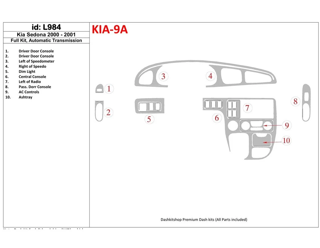 Kompletná súprava Kia Sedona 2000-2001, súprava interiéru automatickej prevodovky BD - 1