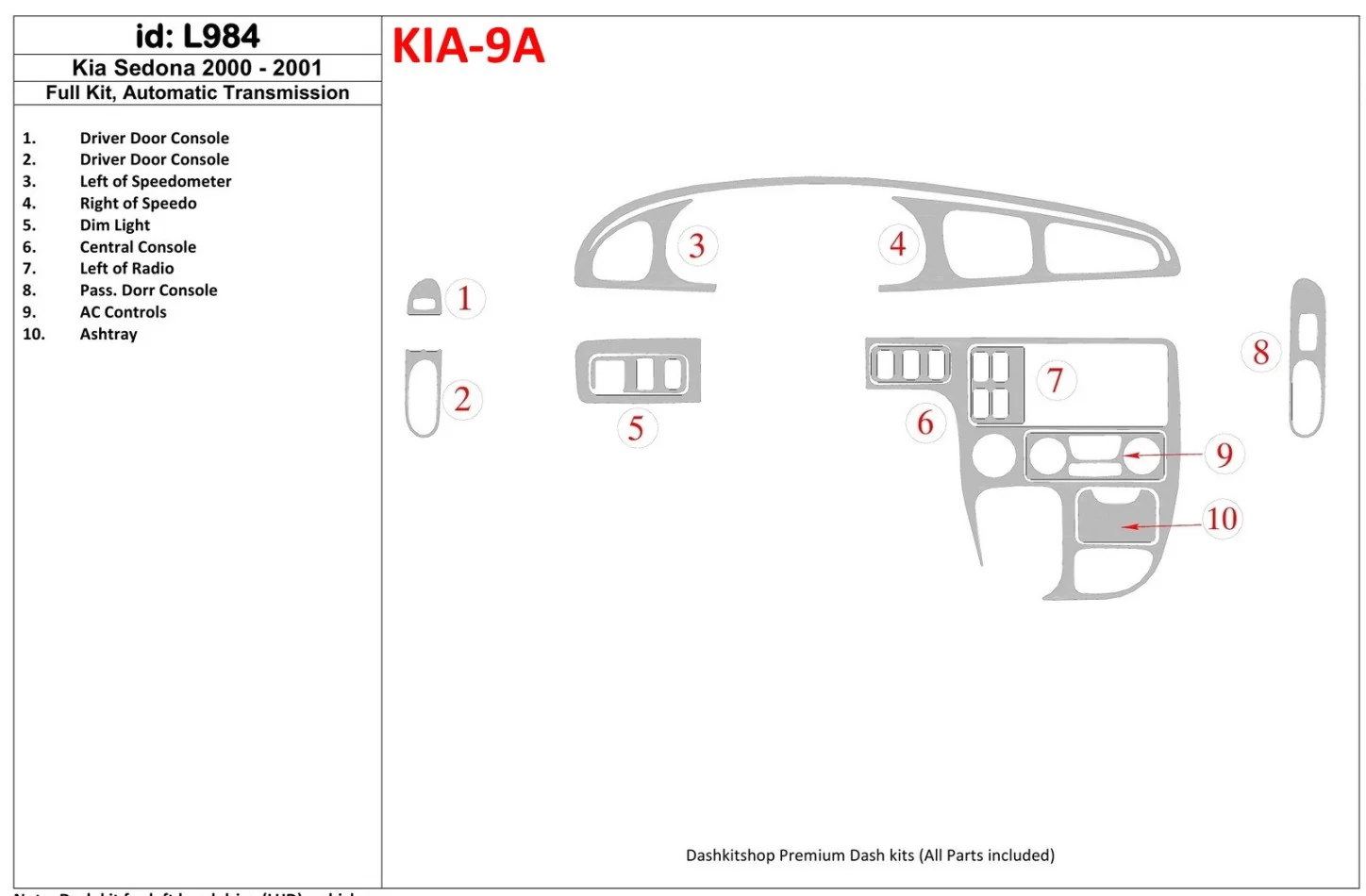 Kompletná súprava Kia Sedona 2000-2001, súprava interiéru automatickej prevodovky BD - 1