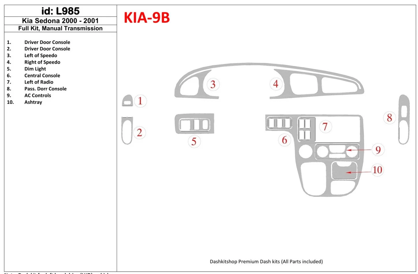 Kompletná sada Kia Sedona 2000-2001, interiér manuálnej prevodovky BD súprava obloženia palubnej dosky - 1