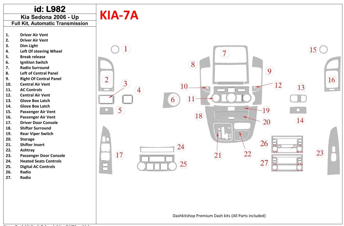 Kompletná sada Kia Sedona 2006-UP, súprava obloženia interiéru automatickej prevodovky BD - 1