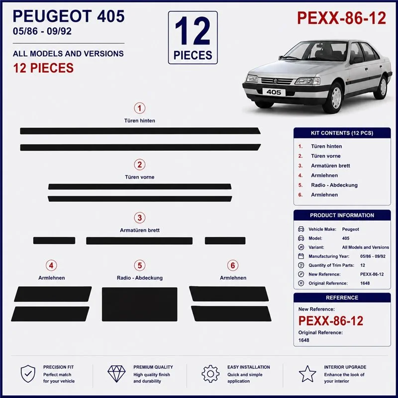 Peugeot 405 1986-1992 3D dekor palubnej dosky, 12 dielov