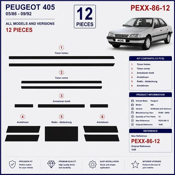 Peugeot 405 1986-1992 3D dekor palubnej dosky, 12 dielov