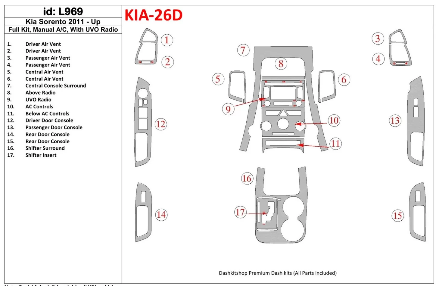 Kompletná sada KIA Sorento 2011-UP, Klimatizácia, S UVO Rádiom Interiér BD Dash Trim Kit - 1
