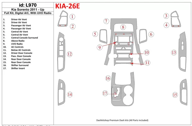 Kompletná sada KIA Sorento 2011-UP, Klimatizácia, S UVO Rádiom Interiér BD Dash Trim Kit - 1