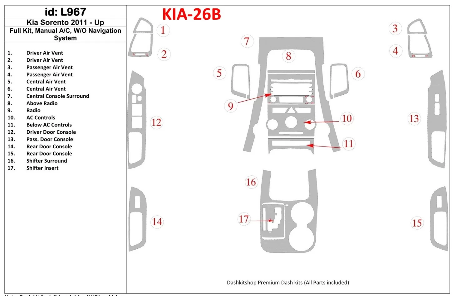 Kompletná sada KIA Sorento 2011-UP, Manuálna prevodovka AC, W/O Navigačný systém Interiér BD Dash Trim Kit - 1