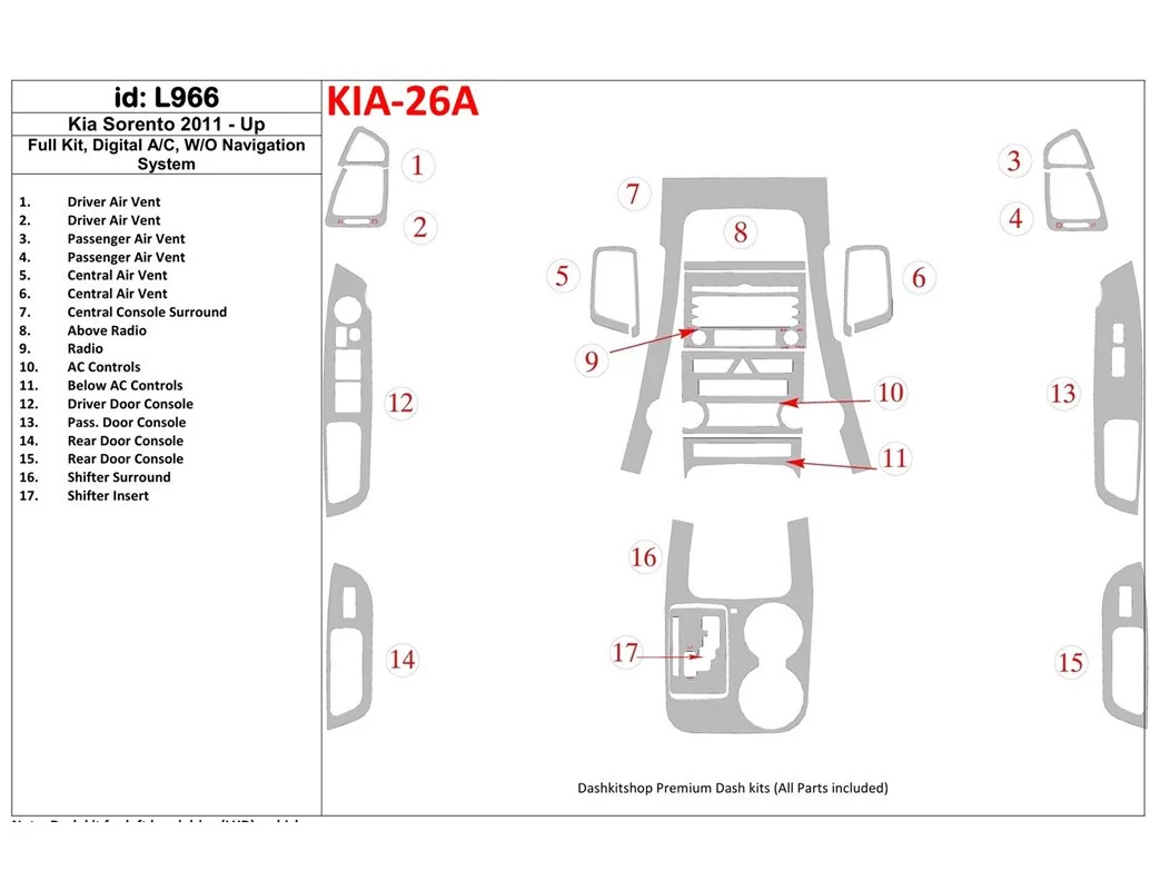 Kompletná sada KIA Sorento 2011-UP, bez systému NAVI Interiér BD Dash Trim Kit - 1