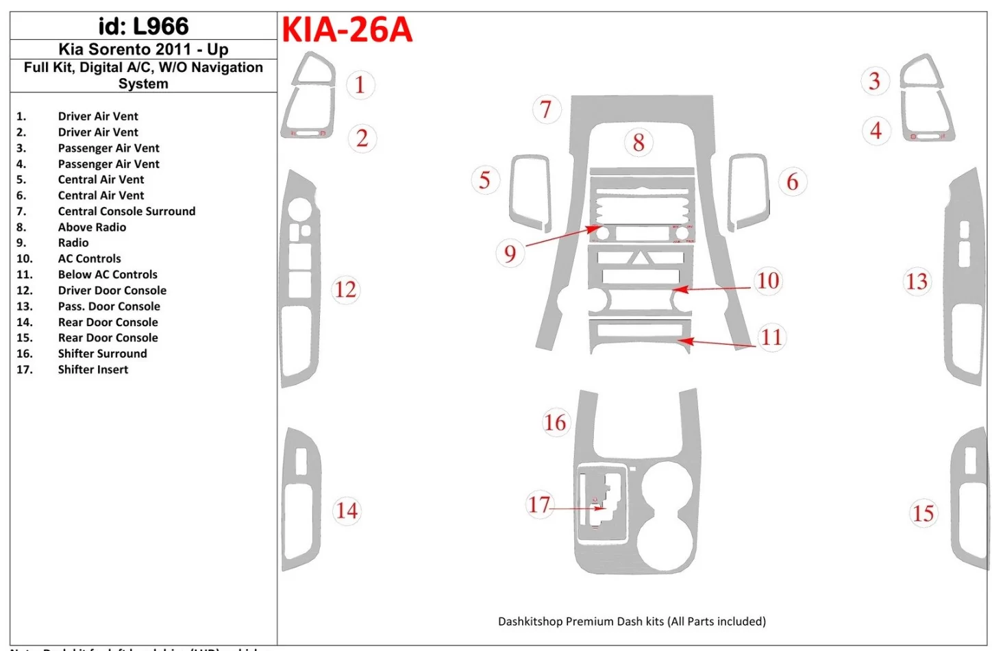 Kompletná sada KIA Sorento 2011-UP, bez systému NAVI Interiér BD Dash Trim Kit - 1