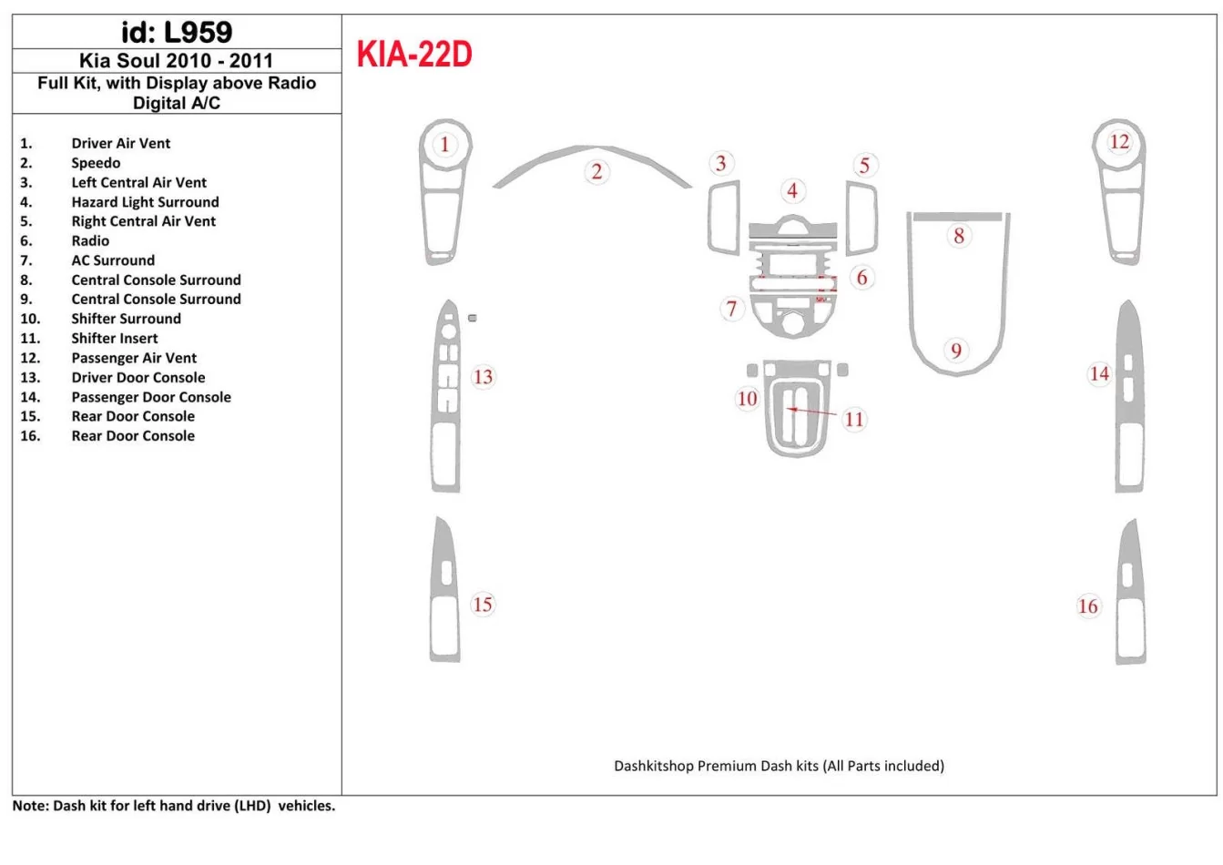 Kompletná sada KIA Soul 2010-UP, s displejom nad rádiom, automatická súprava klimatizácie interiéru BD - 1
