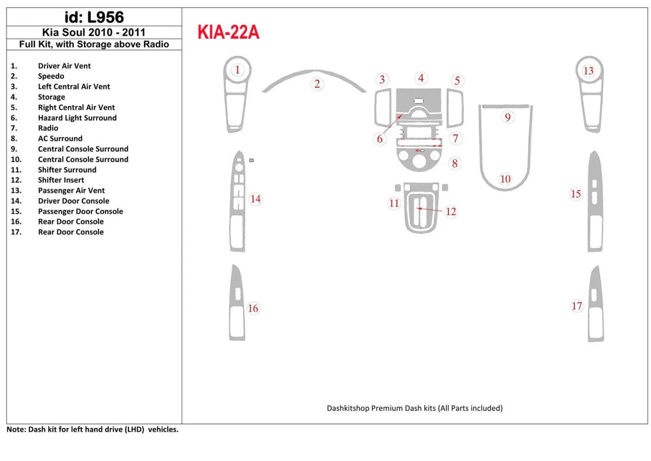 Kompletná sada KIA Soul 2010-UP s úložným priestorom nad interiérom rádia BD Dash Trim Kit - 1