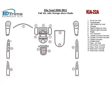 Kompletná sada KIA Soul 2010-UP s úložným priestorom nad interiérom rádia BD Dash Trim Kit