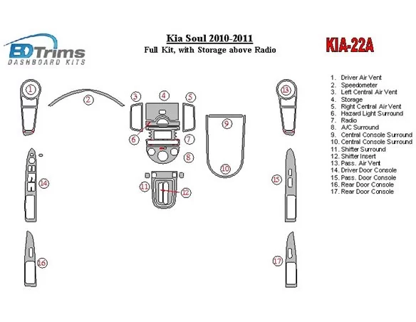 Kompletná sada KIA Soul 2010-UP s úložným priestorom nad interiérom rádia BD Dash Trim Kit