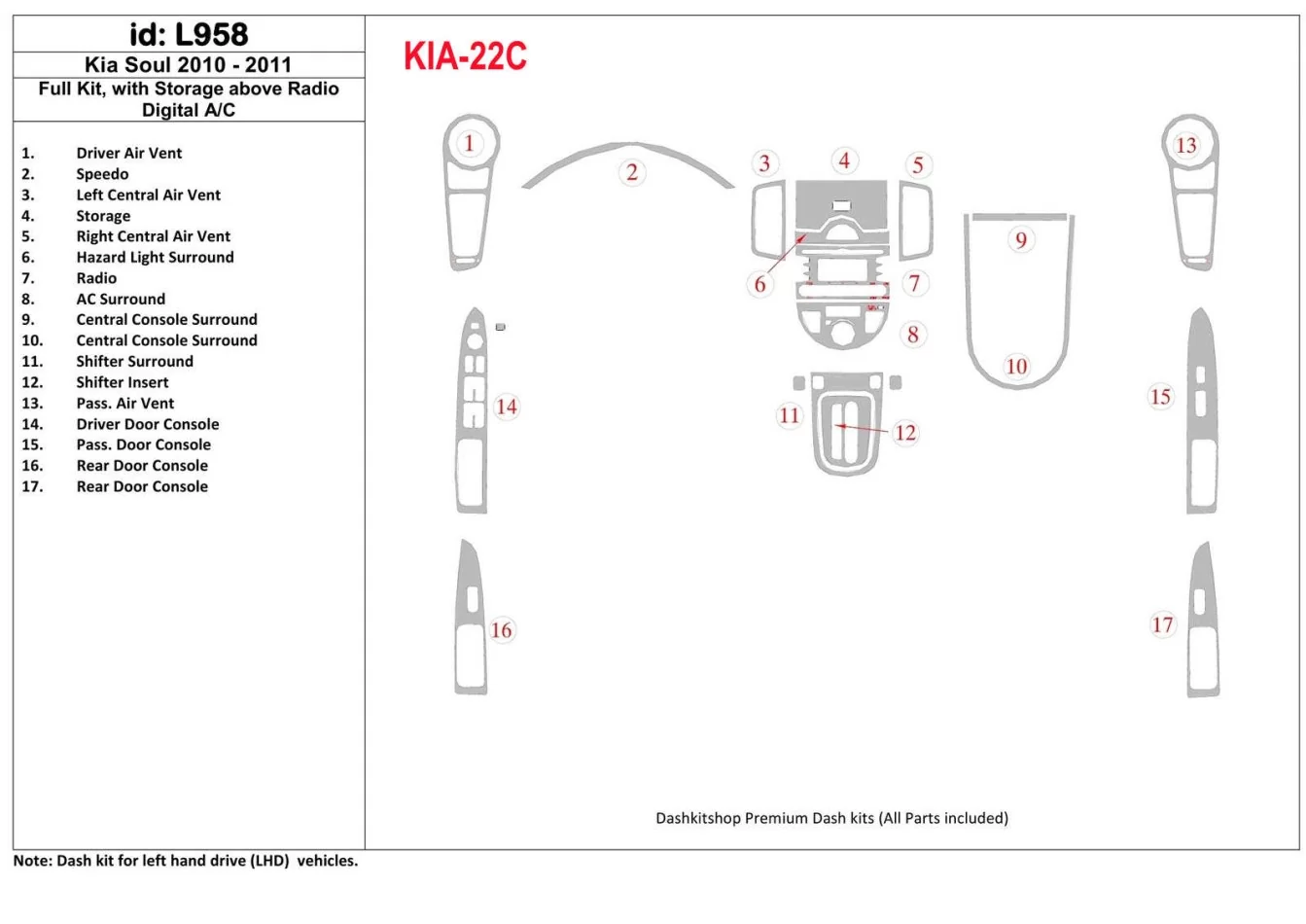 Kompletná sada KIA Soul 2010-UP, s úložným priestorom nad rádiom, automatická súprava klimatizácie interiéru BD - 1
