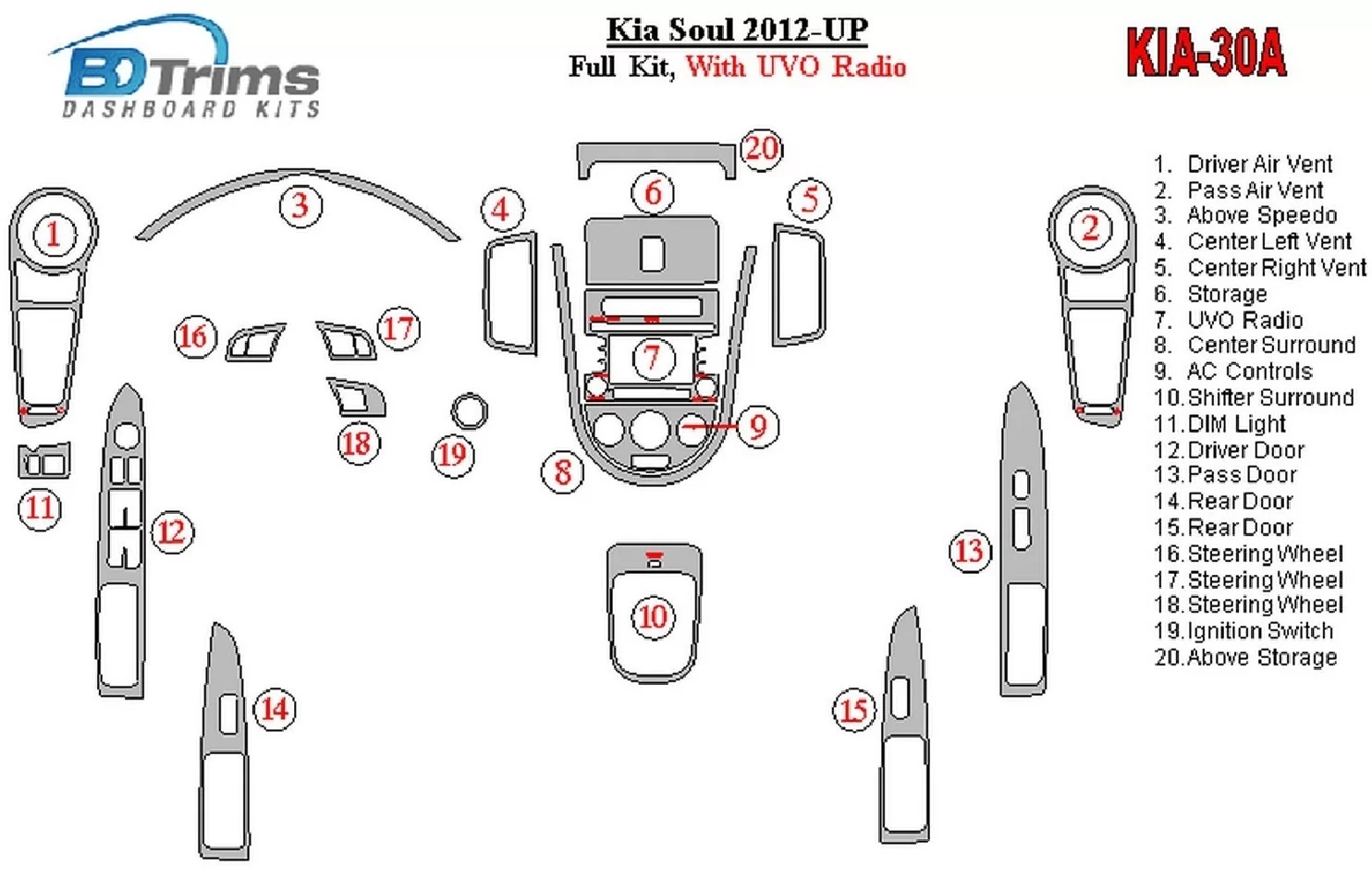 Kompletná sada Kia Soul 2012-UP s interiérom rádia UVO BD Dash Trim Kit - 1