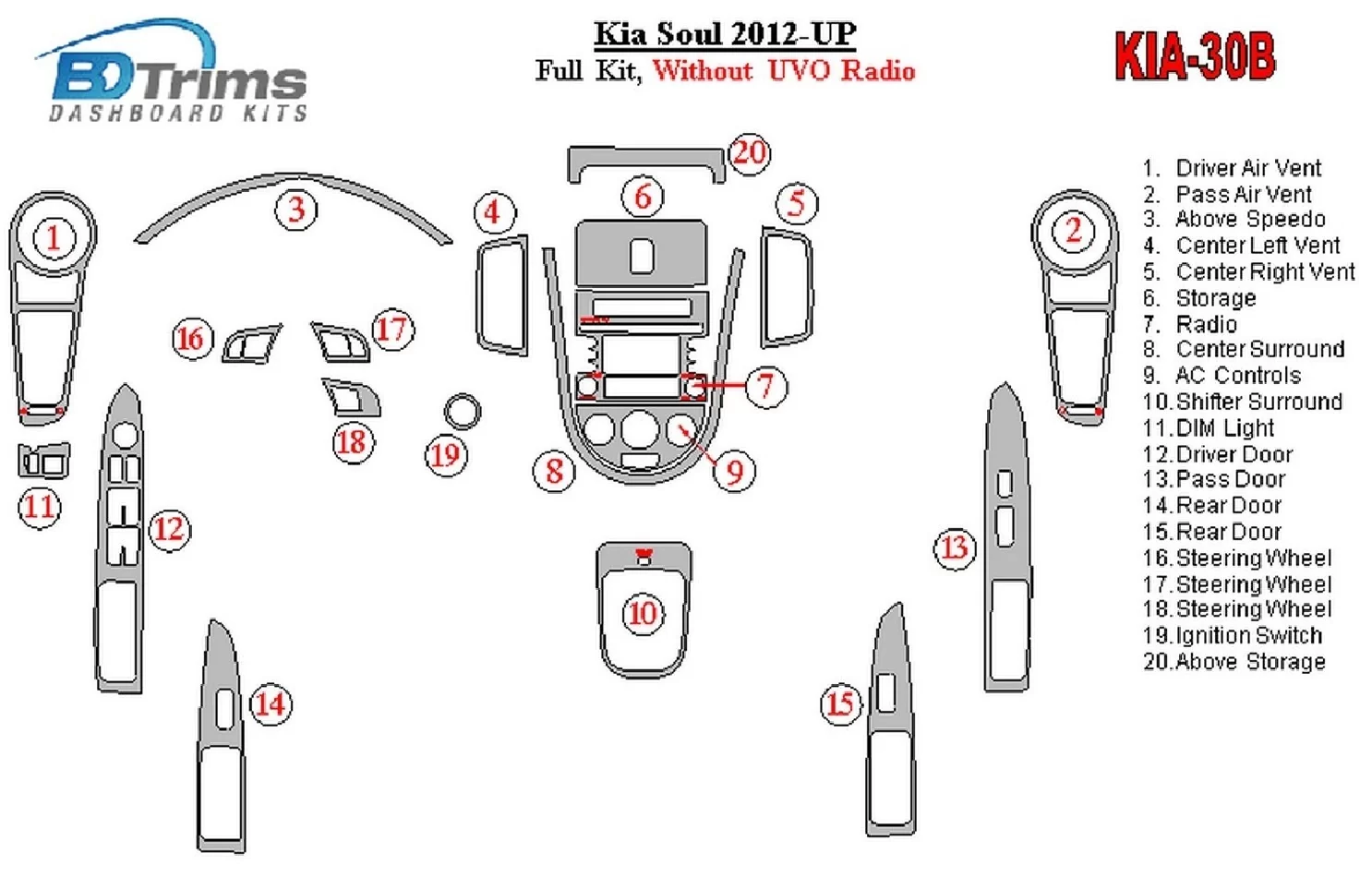 Kompletná sada Kia Soul 2012-UP bez UVO rádia interiéru BD Dash Trim Kit - 1