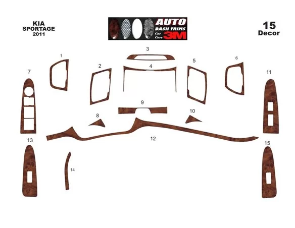 Kia Sportage 01.2011 Súprava obloženia palubnej dosky 3D interiéru Dekorácia palubnej dosky 15 dielov