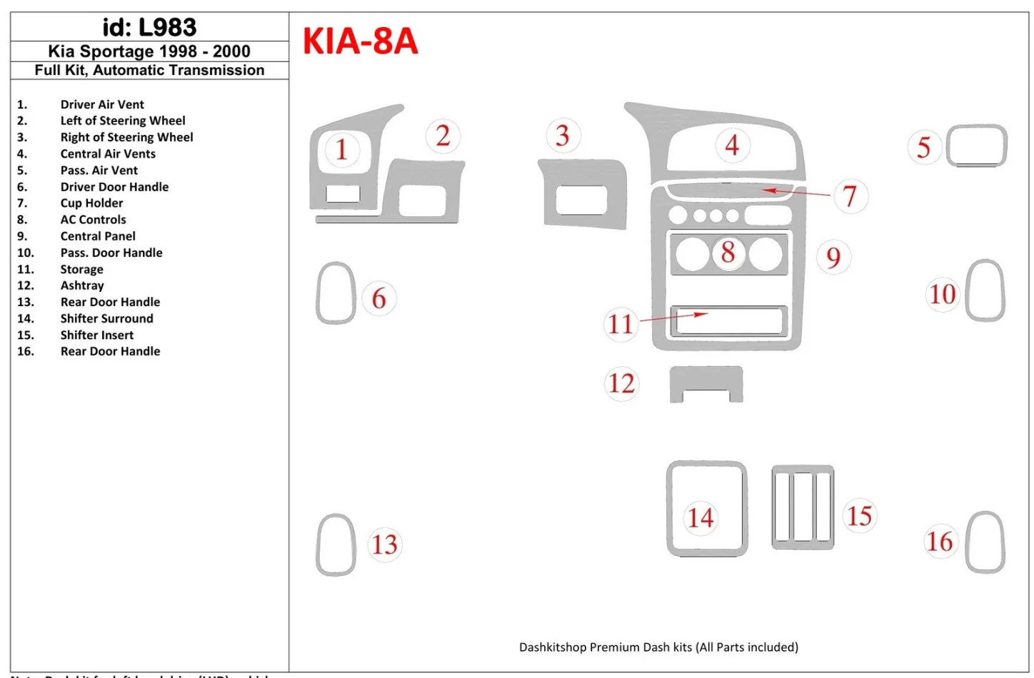 Kompletná súprava Kia Sportage 1998-2000, súprava interiéru automatickej prevodovky BD - 1