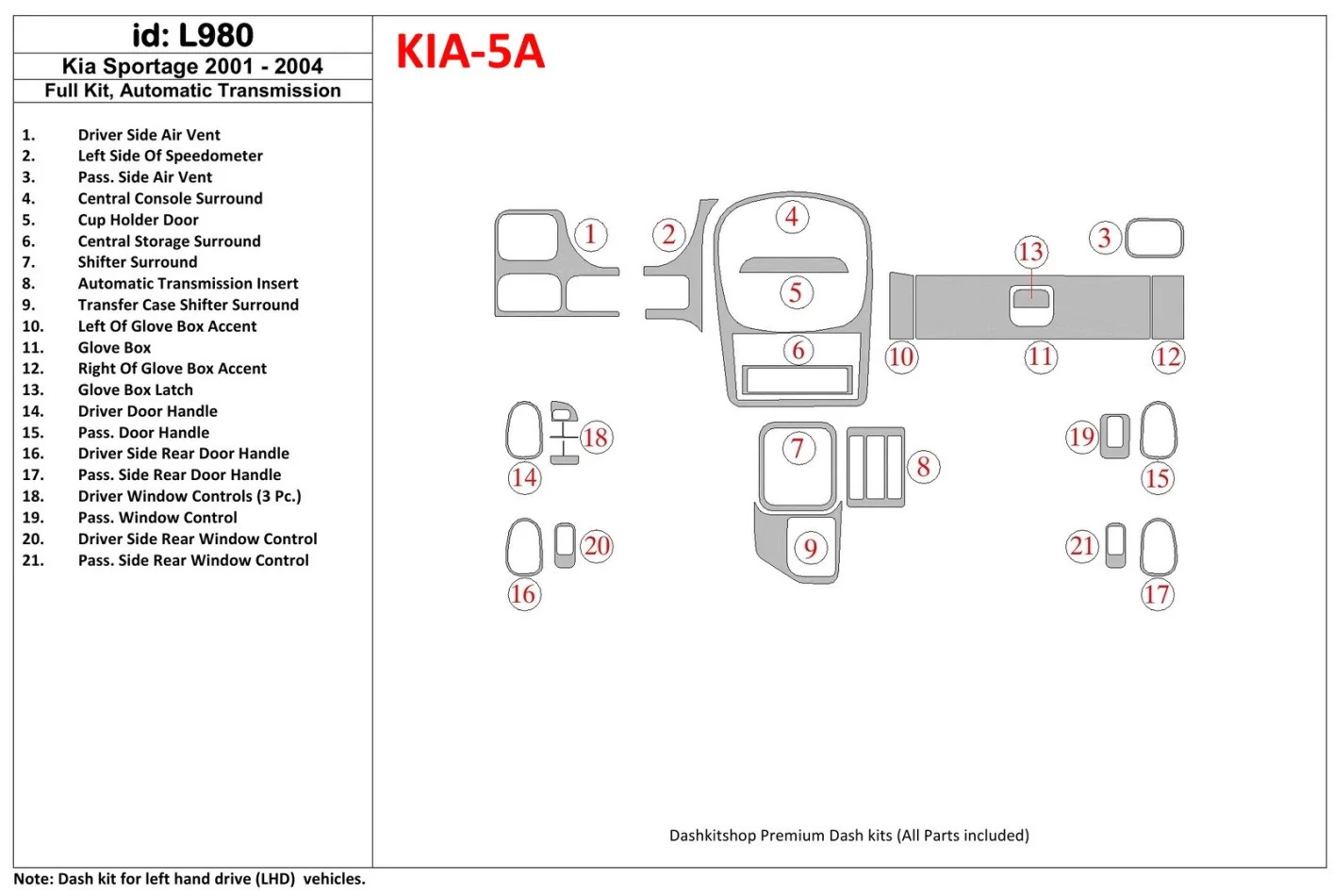 Kia Sportage 2001-2005 Kompletná súprava interiéru BD Dash Trim Kit - 1