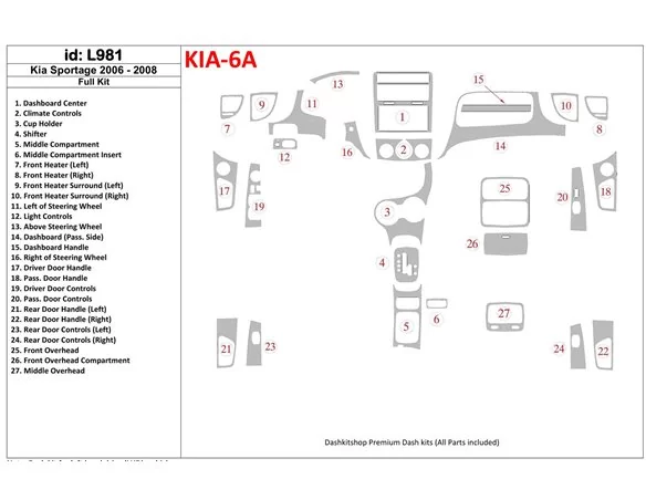 Kia Sportage 2006-2008 Kompletná súprava interiéru BD Dash Trim Kit - 1