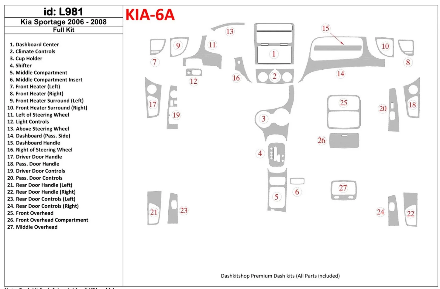 Kia Sportage 2006-2008 Kompletná súprava interiéru BD Dash Trim Kit - 1