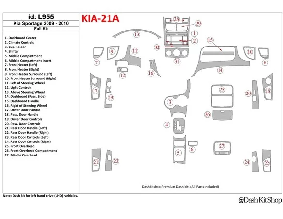 KIA Sportage 2009-2010 Kompletná súprava interiéru BD Dash Trim Kit - 1