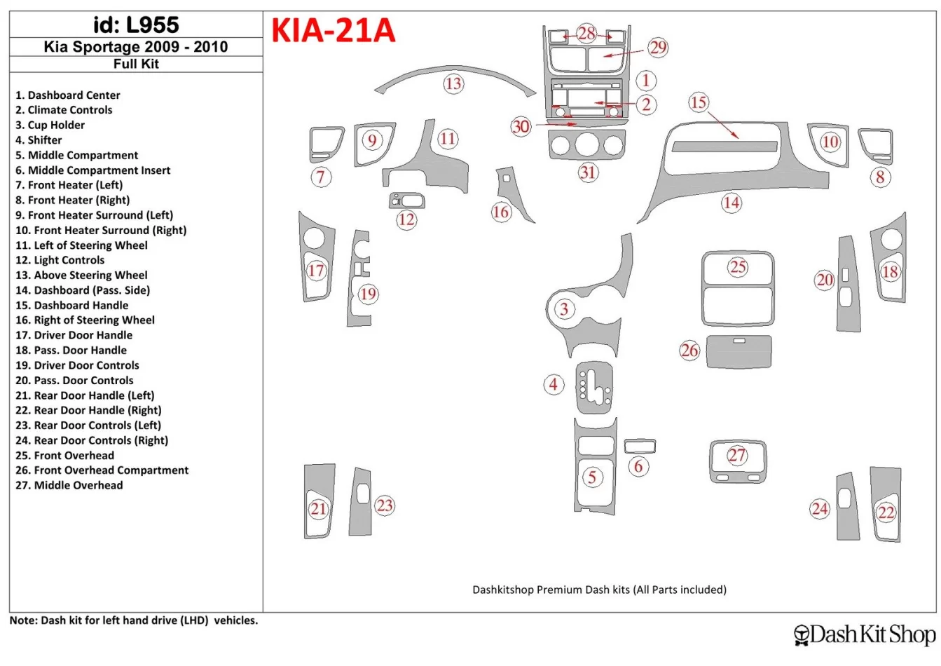 KIA Sportage 2009-2010 Kompletná súprava interiéru BD Dash Trim Kit - 1