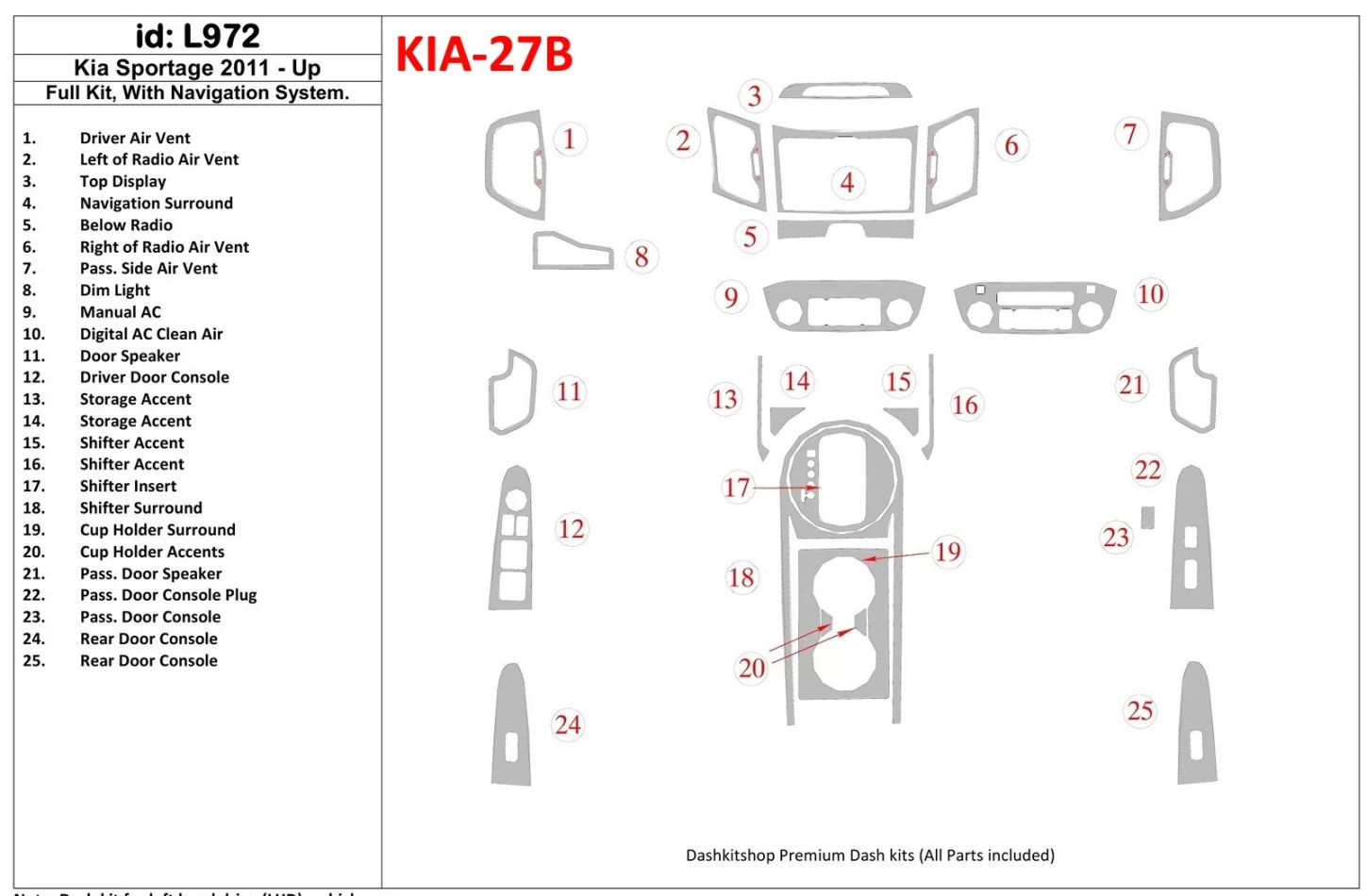 Kompletná sada KIA Sportage 2011-UP so systémom NAVI Interiér BD Dash Trim Kit - 1
