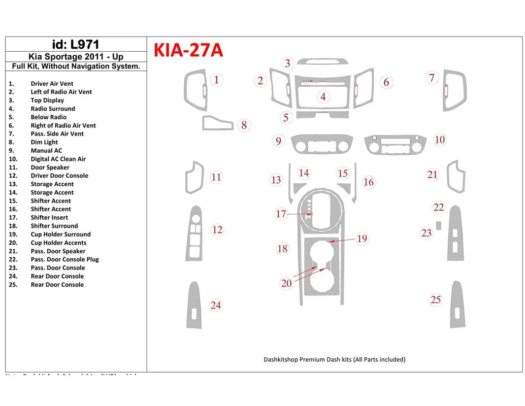 Kompletná sada KIA Sportage 2011-UP, bez systému NAVI Interiér BD Dash Trim Kit - 1