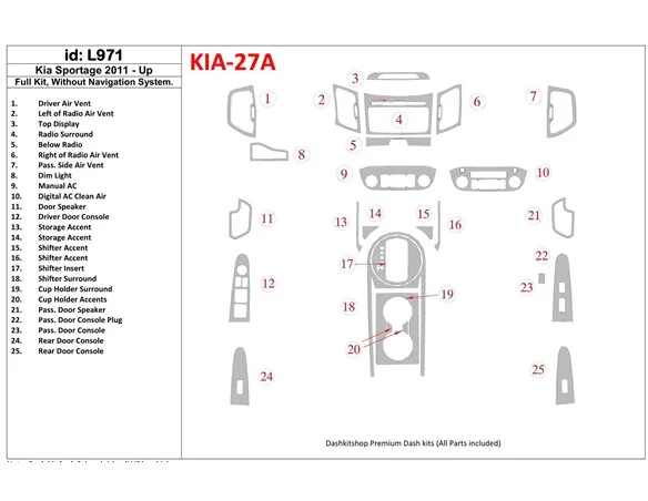 Kompletná sada KIA Sportage 2011-UP, bez systému NAVI Interiér BD Dash Trim Kit - 1