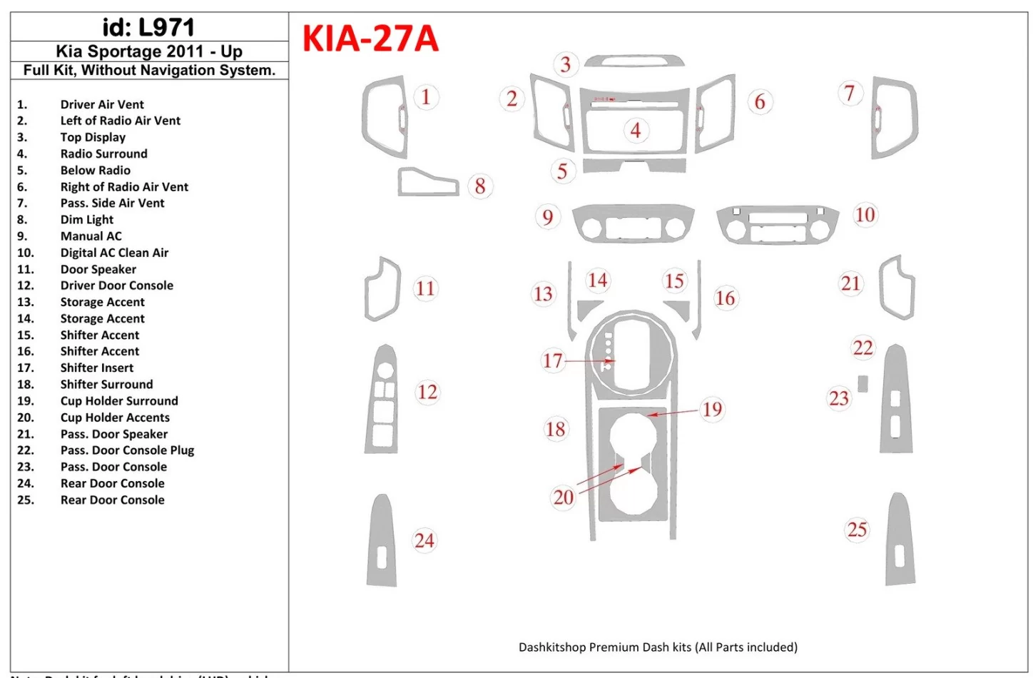 Kompletná sada KIA Sportage 2011-UP, bez systému NAVI Interiér BD Dash Trim Kit - 1