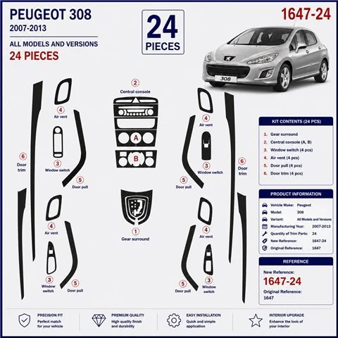 Peugeot 308 2007-2013 3D dekor palubnej dosky, 24 dielov 2