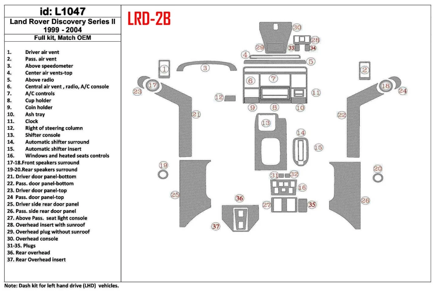 Land Rover Discovery 1999-2004 Kompletná súprava, OEM zhoda interiéru BD Dash Dekor Kit - 1