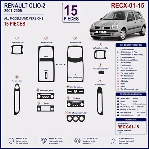 Renault Clio-2 2001-2005 3D dekor palubnej dosky, 15 dielov 2