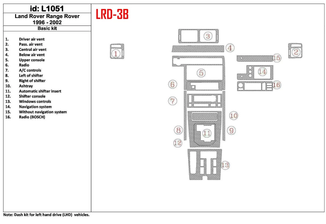 Základná súprava Land Rover Range Rover 1996-2002, zhoda OEM, súprava 16 dielov Interiér BD Dash Trim Kit - 1