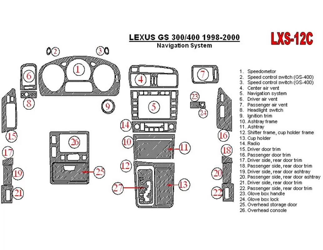Navigačný systém Lexus GS 1998-2000, zhoda OEM, súprava 26 dielov Interiér BD Dash Trim Kit - 1