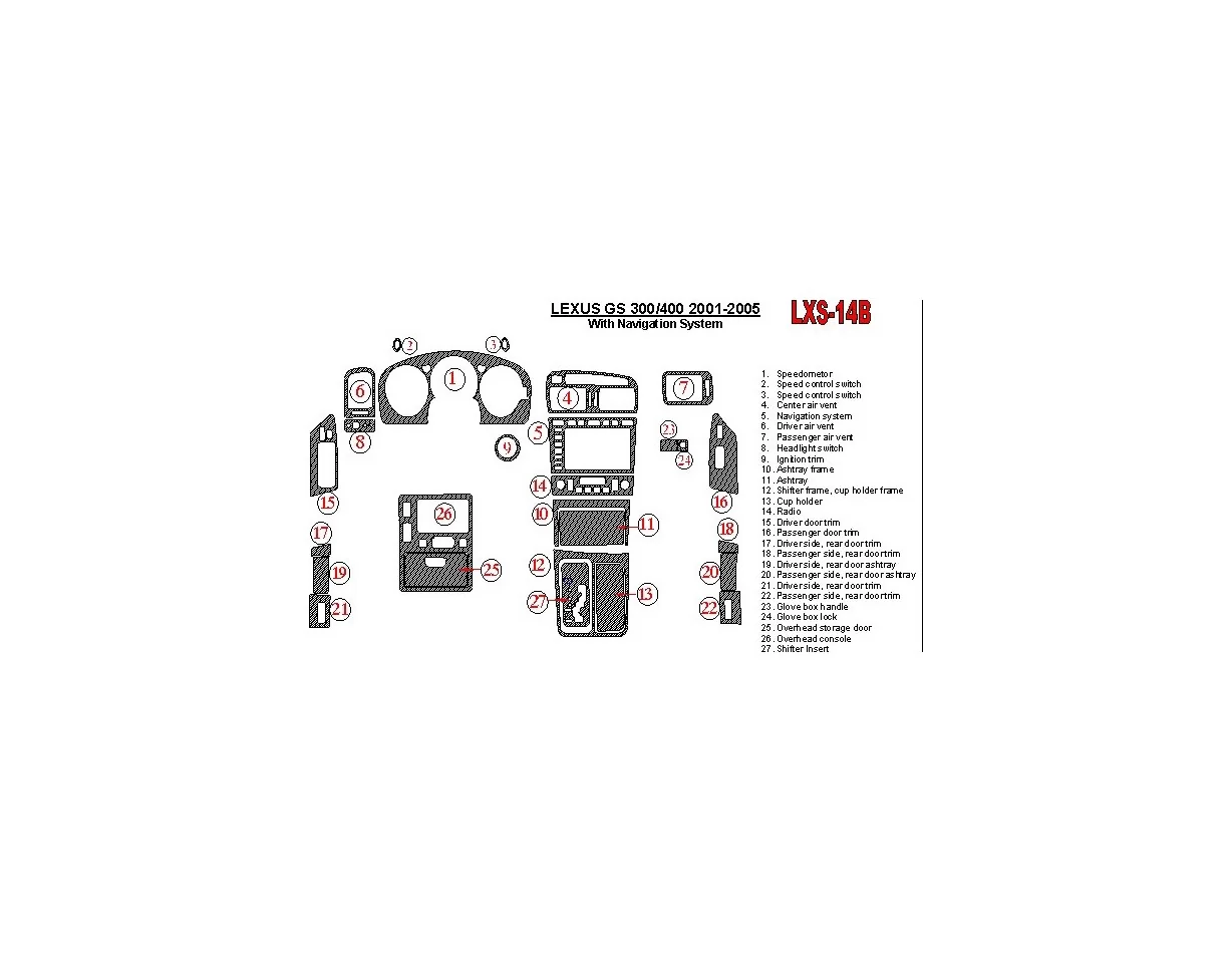 Lexus GS 2001-2005 so systémom NAVI, súprava OEM interiéru BD Dash Trim Kit - 1