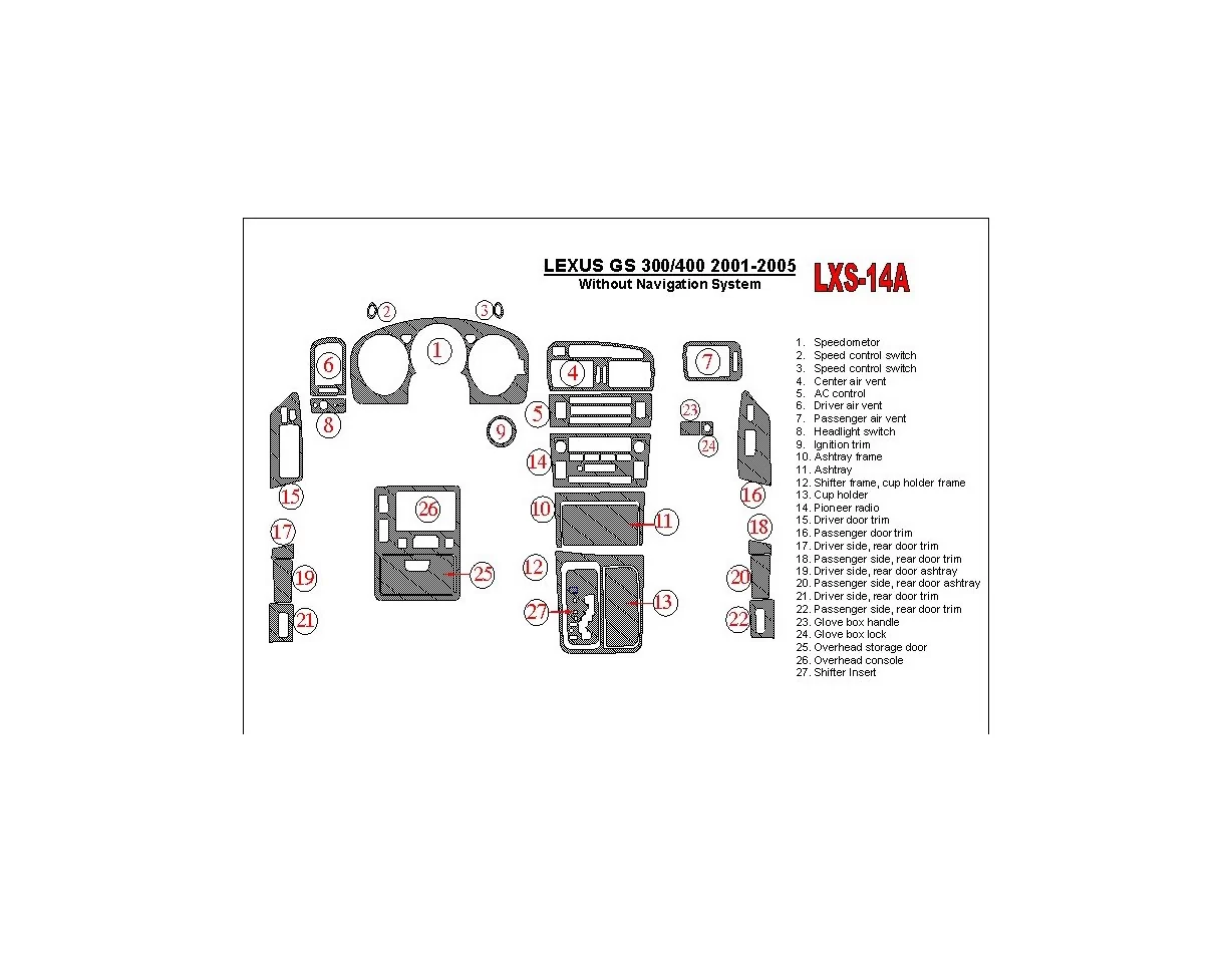 Lexus GS 2001-2005 bez systému NAVI, OEM zhoda interiéru BD Dash Trim Kit - 1