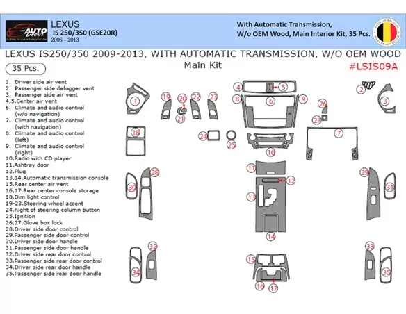 Lexus IS 2009-2013 3D súprava obloženia palubnej dosky interiéru 35-dielna súprava obloženia palubnej dosky - 1
