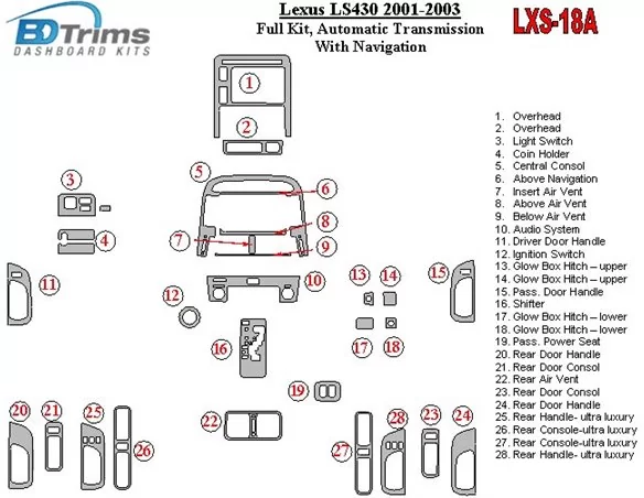 Kompletná sada Lexus LS 2001-2003, automatická prevodovka, s vnútornou súpravou NAVI BD Dash Trim Kit - 1