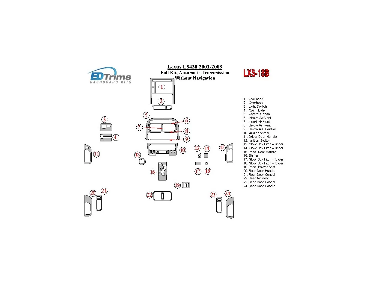 Kompletná sada Lexus LS 2001-2003, automatická prevodovka, bez navigácie Interiér BD Dash Trim Kit - 1
