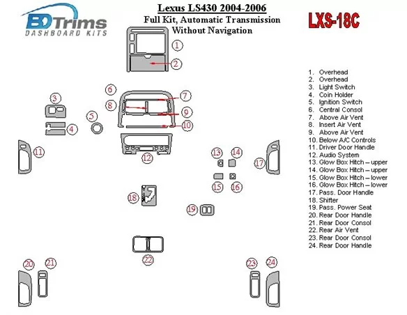 Kompletná sada Lexus LS 2004-2006, automatická prevodovka, bez navigácie Interiér BD Dash Trim Kit - 1