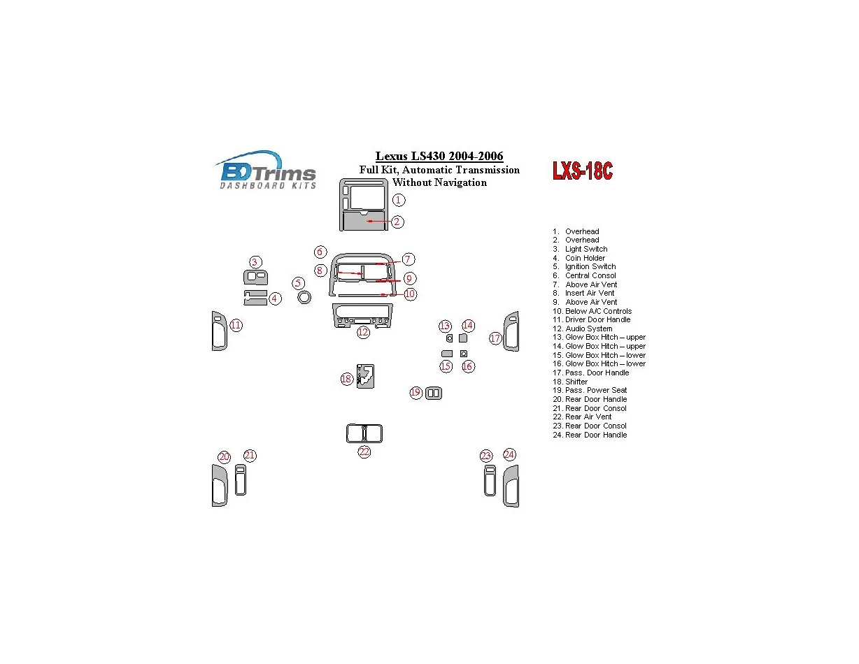 Kompletná sada Lexus LS 2004-2006, automatická prevodovka, bez navigácie Interiér BD Dash Trim Kit - 1