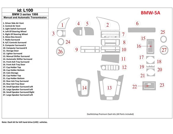 BMW 3 1998-1998 Manuálna prevodovka a automatická prevodovka, 27 dielov Súprava interiéru BD Dash Trim Kit - 1