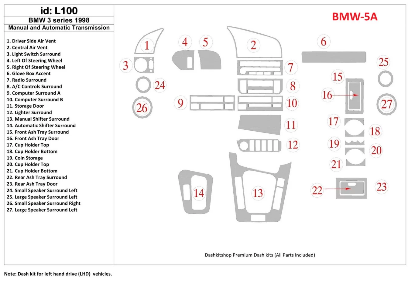 BMW 3 1998-1998 Manuálna prevodovka a automatická prevodovka, 27 dielov Súprava interiéru BD Dash Trim Kit - 1