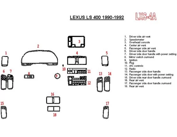 Kompletná sada Lexus LS-400 1990-1992, zhoda OEM, súprava 18 dielov Interiér BD Dash Trim Kit - 1