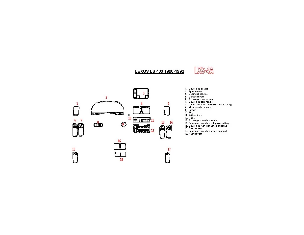 Kompletná sada Lexus LS-400 1990-1992, zhoda OEM, súprava 18 dielov Interiér BD Dash Trim Kit - 1