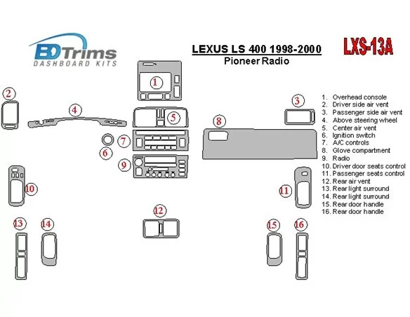 Lexus LS-400 1998-2000 Pioneer Radio, bez systému NAVI, OEM zhoda interiéru BD Dash Trim Kit - 1