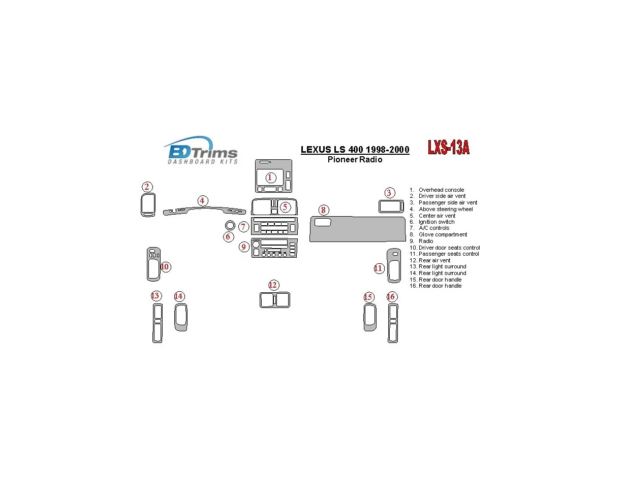 Lexus LS-400 1998-2000 Pioneer Radio, bez systému NAVI, OEM zhoda interiéru BD Dash Trim Kit - 1