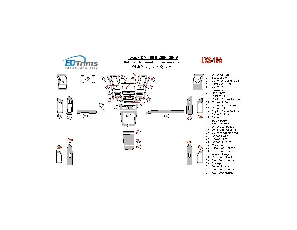 Kompletná súprava Lexus RX 400H 2006-UP, automatická prevodovka, s navigáciou v interiéri BD Dash Trim Kit - 1