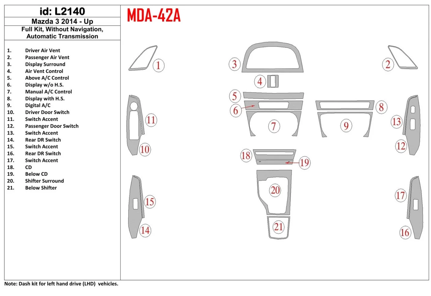 Mazda 3, 2014-UP, kompletná sada, bez NAVI, interiér automatickej prevodovky BD Dash Trim Kit - 1