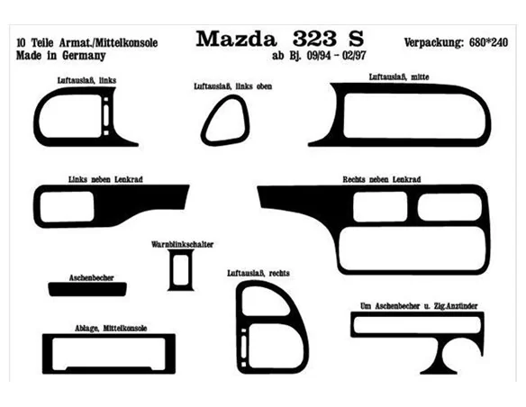Mazda 323 S 01.1994 Súprava obloženia palubnej dosky 3D interiéru Dekorácia palubnej dosky 10 dielov